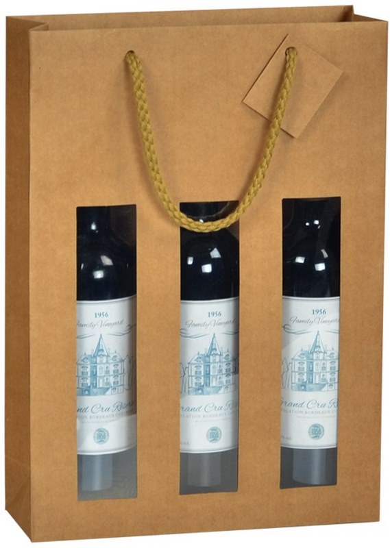 Sac Kraft nature 3 btls avec fenêtre 380x270x90 mm, colisé par 10