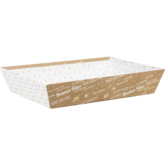 E1056 Corbeille carton rectangle kraft blanc dorure à chaud Bonnes Fêtes 360x270x70 mm colisé par 24
