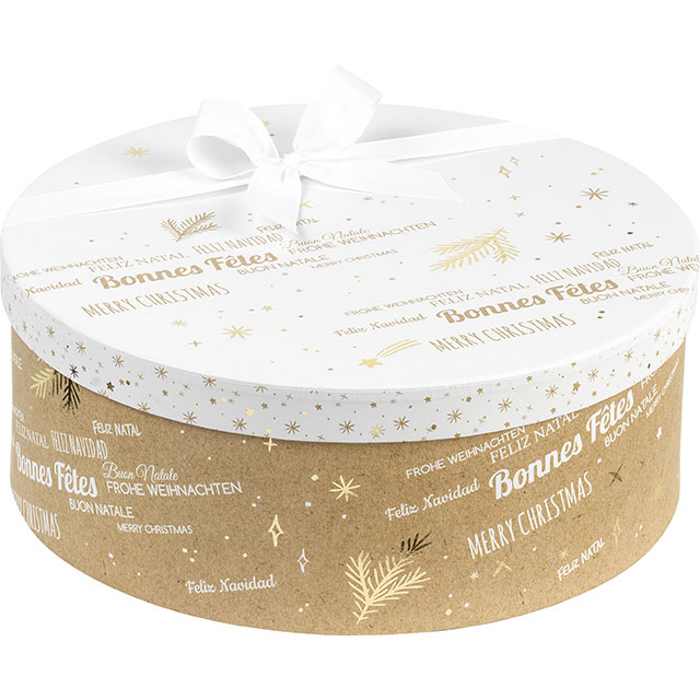 Coffret carton rond kraft/blanc/dorure à chaud or Bonnes Fêtes D31,5x12 cm colisé par 6