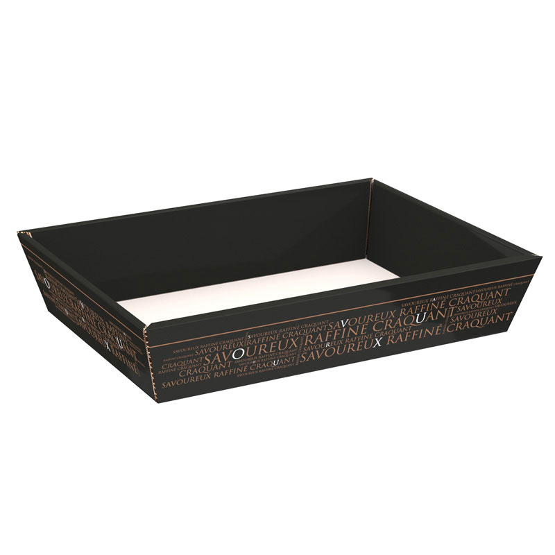 Corbeille carton rectangle Savoureux noir/cuivre livrée à plat ( dim. corbeille montée) 37x28x7,3 cm
