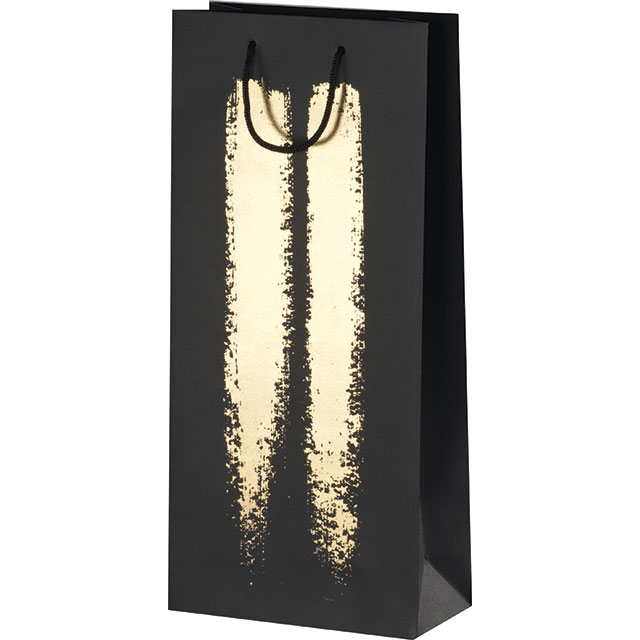 Sac papier 2 bouteilles noir/or poignées corde oeillet de fermeture intercalaire 18x9x39 cm colisé par 24