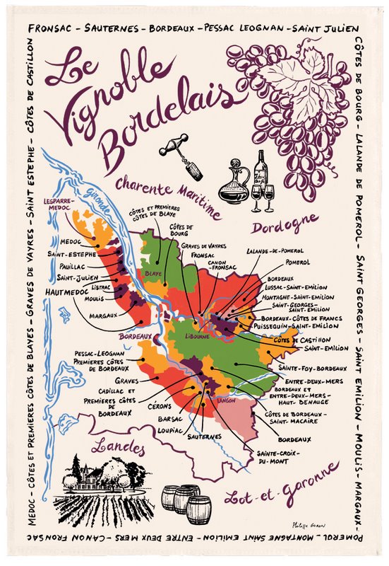 Torchon "Carte des Bordeaux" écru