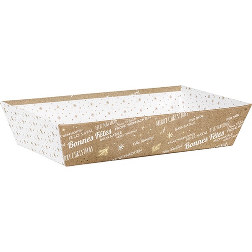 [EMB-BAM-BF424M] E1055 Corbeille carton rectangle kraft blanc dorure à chaud Bonnes Fêtes 330x200x70 mm colisé par 24