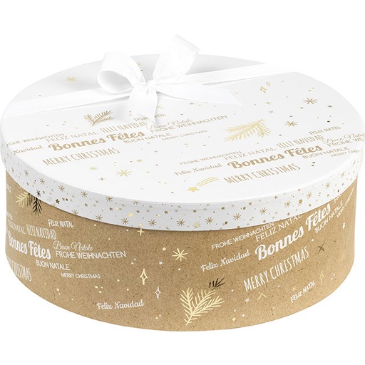 [EMB-BAM-BF421M] Coffret carton rond kraft/blanc/dorure à chaud or Bonnes Fêtes D31,5x12 cm colisé par 6