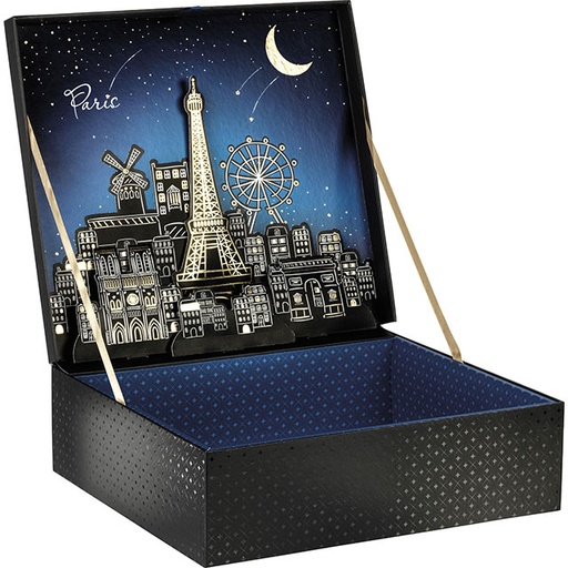 [EMB-BAM-CN130] Coffret carton rectangle noir/vernis sélectif/décor POP-UP Paris /dorure à chaud 34,4x30,9x10 cm colisé par 5