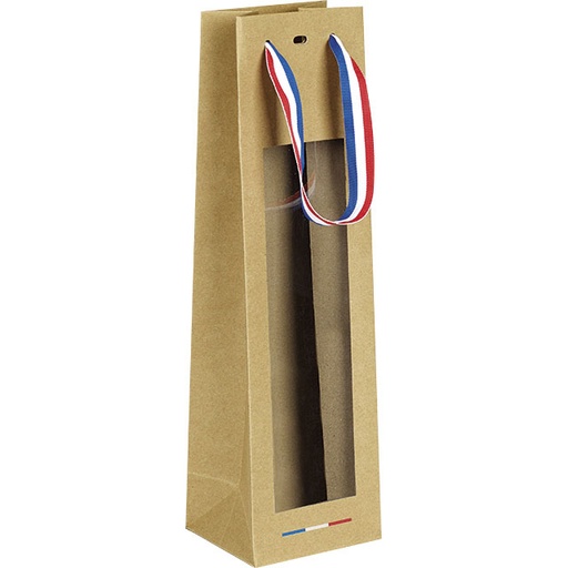 [EMB-BAM-SB028-1B] Sac papier kraft 1 bouteille fenêtre PVC poignées ruban bleu/blanc/rouge oeillet de fermeture 11x9x39 cm colisé par 24