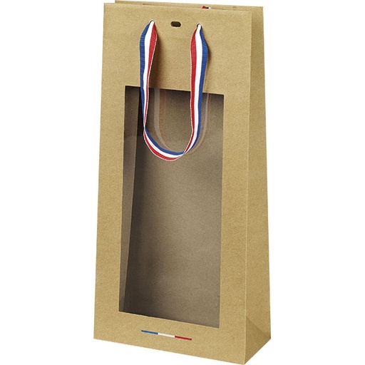 [EMB-BAM-SB029-2B] Sac papier kraft 2 bouteilles fenêtre PVC/poignées ruban bleu/blanc/rouge/oeillet de fermeture/intercalaire 18x9x39 cm colisé par 24